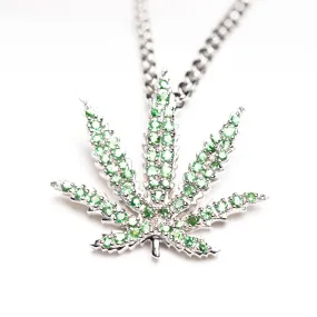 Sterling Silver Sativa Leaf Pendant with Green Garnet Gemstones